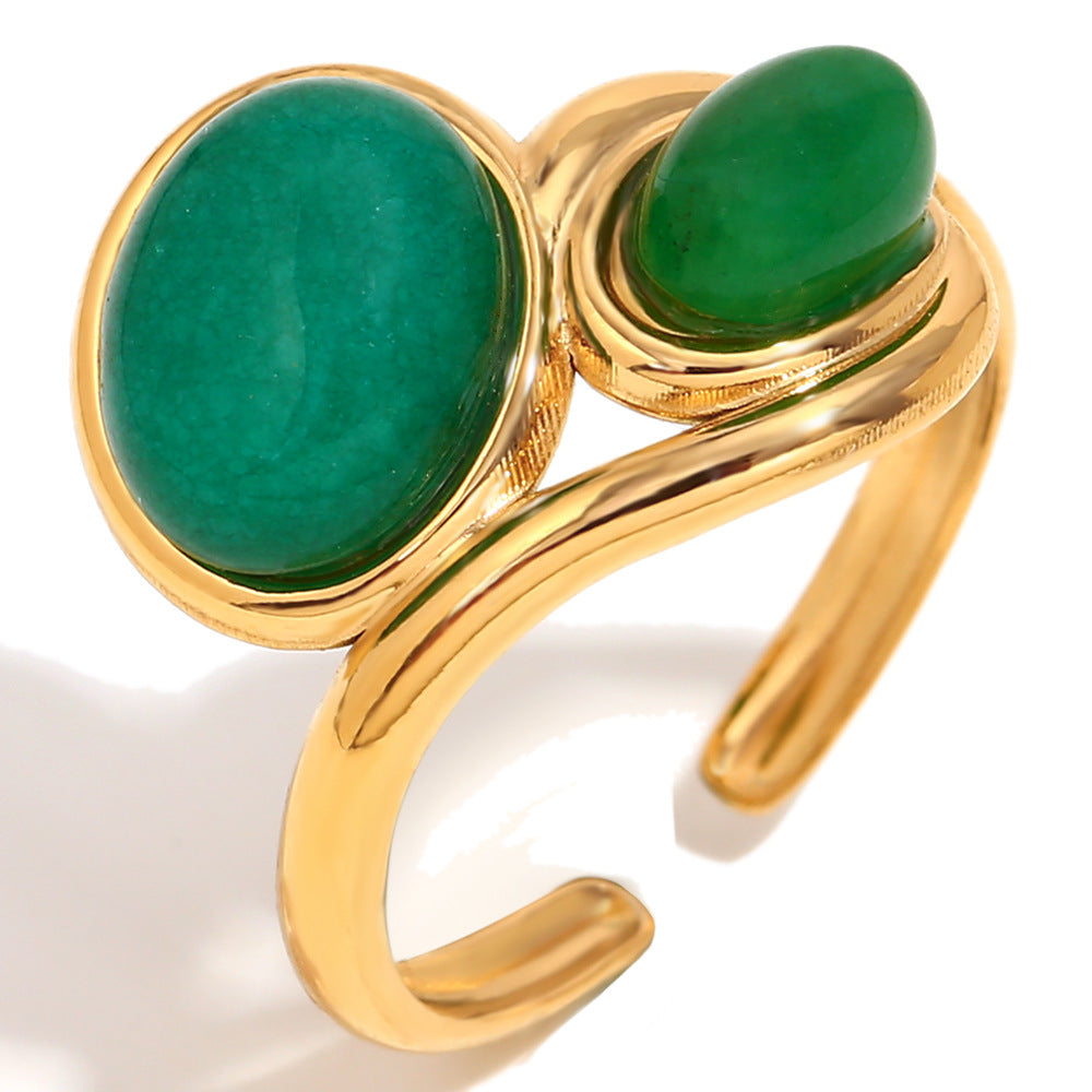 Vintage French Luxury Style Geometric Stainless Steel Ring with 18K Gold Plating and Two Green Gemstones for Women