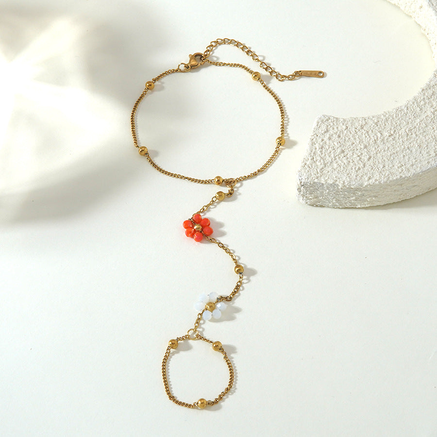 Elegante bracciale con anello a catena floreale geometrico minimalista in acciaio inossidabile placcato per donne