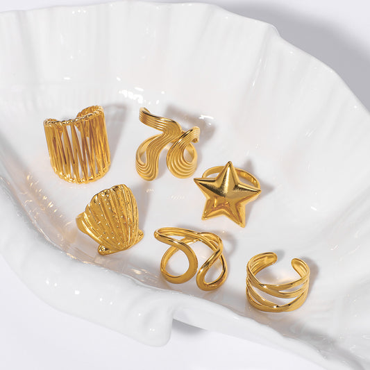 Minimalist Star-Shaped Geometric Stainless Steel Ring with 18K Gold Plating and Shell-Inspired Texture for Women