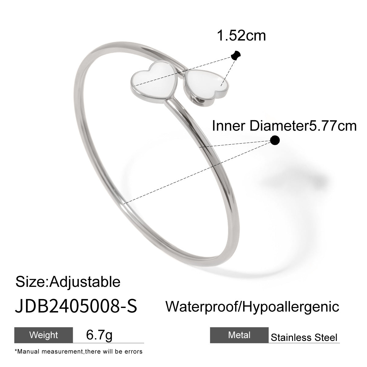Bracciale a Polsino Aperto Minimalista in Acciaio Inossidabile Placcato Oro 18K con Cuore Smaltato Bianco per Donna