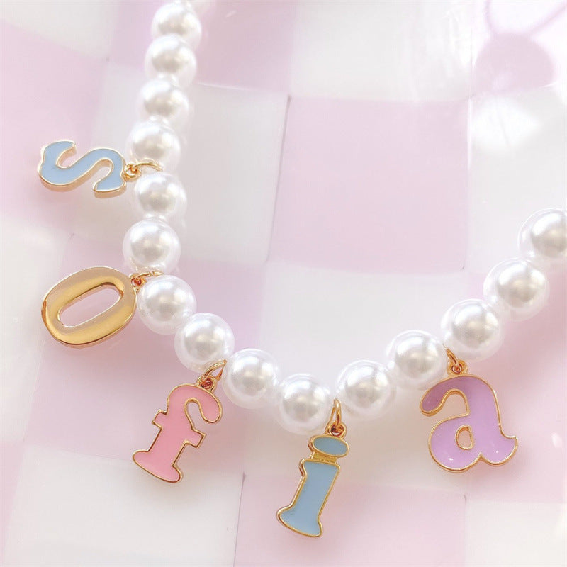 Casual 18K Gold Plated Letter Stainless Steel Necklace with Drip Oil and Pearl Pendant
