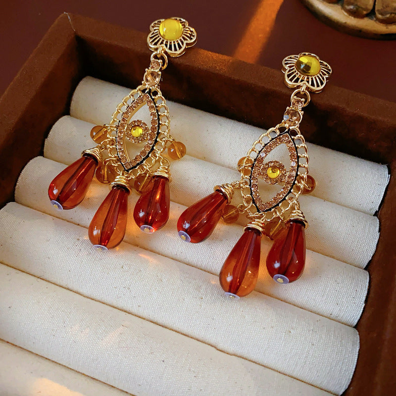 Vintage Drip-Shaped Geometric Alloy Earrings with Rhinestone Inlay, Stainless Steel Post, Elegant Court-Inspired Luxury Ear Jewelry for Women