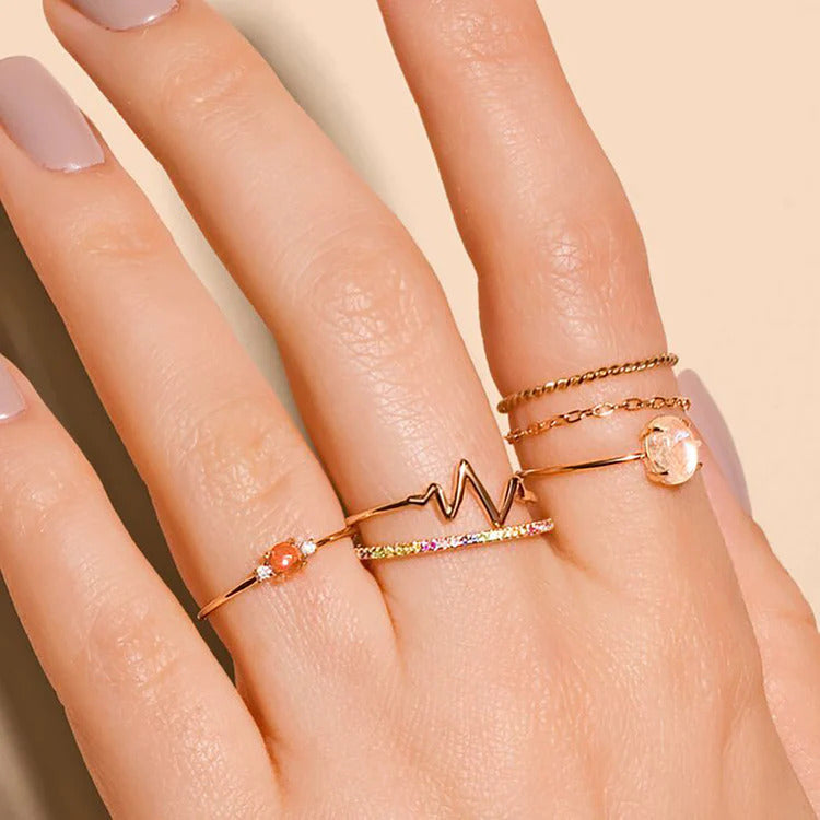 Anello da donna in acciaio al titanio placcato oro 18K, geometrico, minimalista, ispirato alla Francia, con design a battito cardiaco