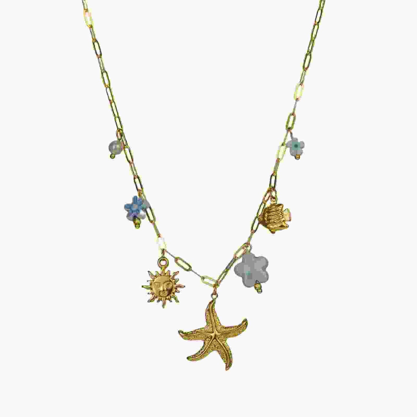 Collana con ciondolo in ceramica geometrica a stella in acciaio inossidabile casual, placcata, con conchiglia da spiaggia, stella marina, catena estiva per clavicola da donna