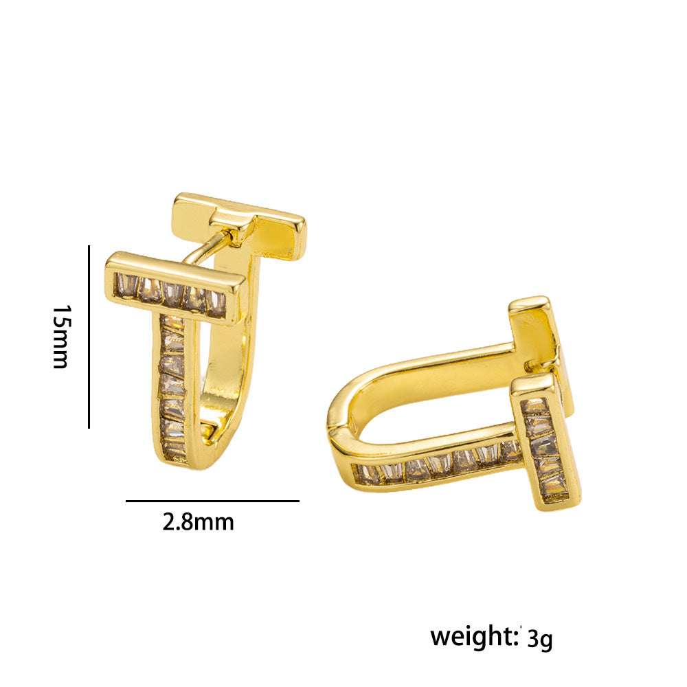 Minimalist T-Shaped Ear Studs with Zircon Inlay in Gold-Plated Copper for Women, Elegant Office-Ready Luxury Style