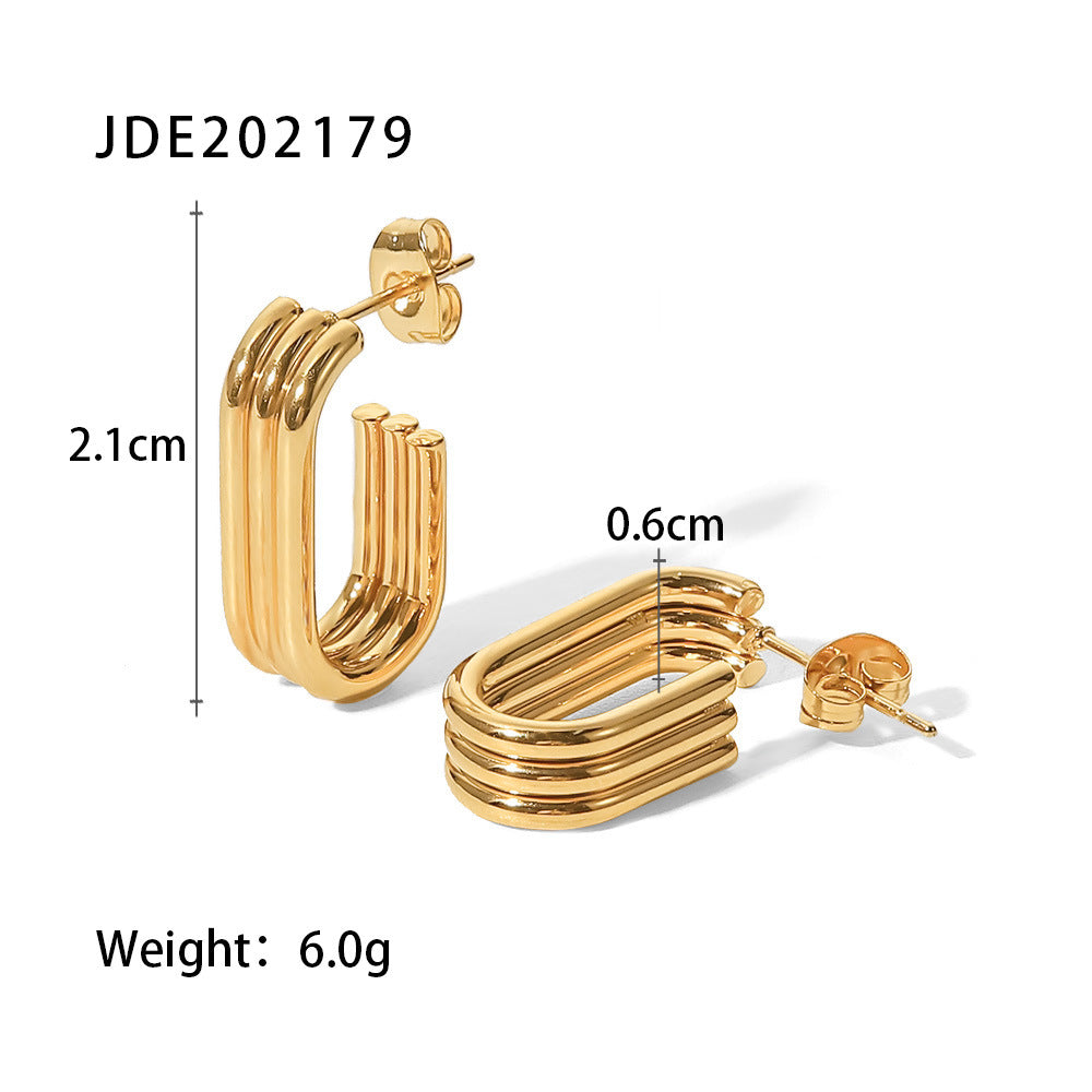 Minimalist Geometric Stainless Steel Earrings with 18K Gold Plating Triple U-Shaped Hoop Design