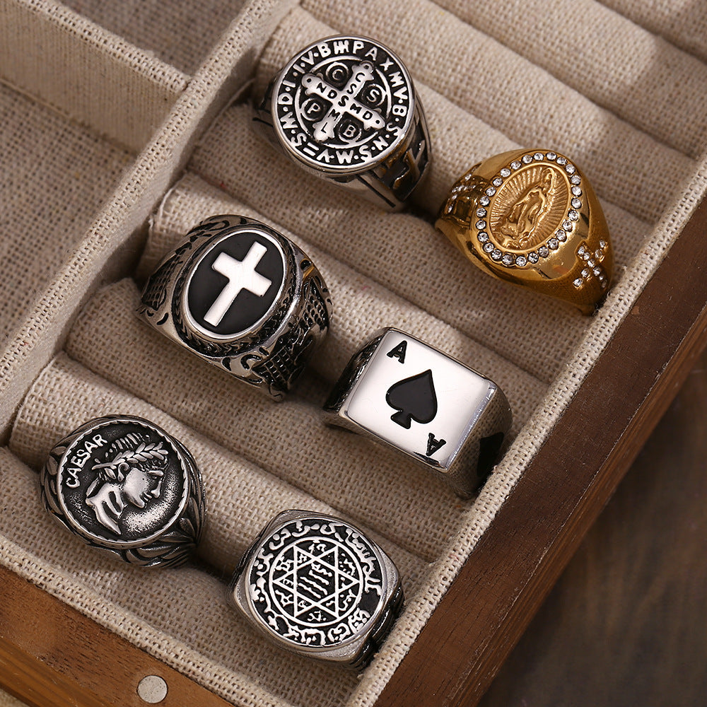 Anello da Uomo in Acciaio Inossidabile Stile Hip Hop Geometria Placcato Oro 18K Nero Vintage a Croce