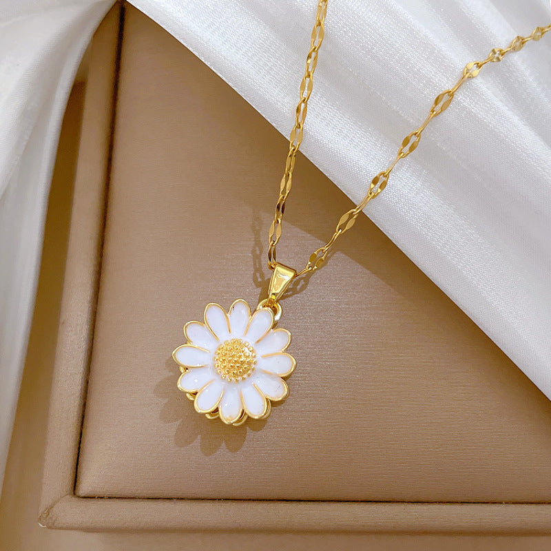 Sweet Elegant Geometric Sunflower Gold Plated Titanium Steel Necklace with Rhinestone Brass Pendant for Unisex