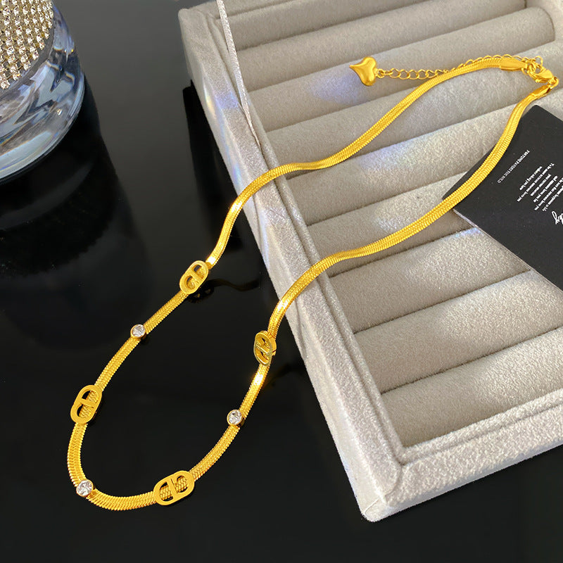 Minimalist Luxury 18K Gold Plated Letter Titanium Steel Snake Chain Necklace with Cubic Zirconia Inlay