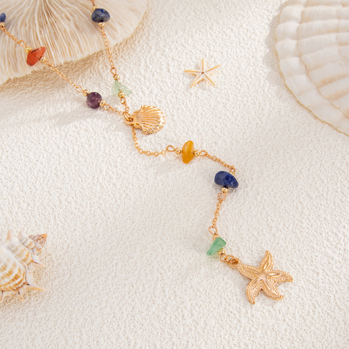 Vacation Style Star-Shaped Geometric Pendant Necklace with Colorful Rhinestone Accents and Scallop Shell and Star Charms on Delicate Locket Chain for Women