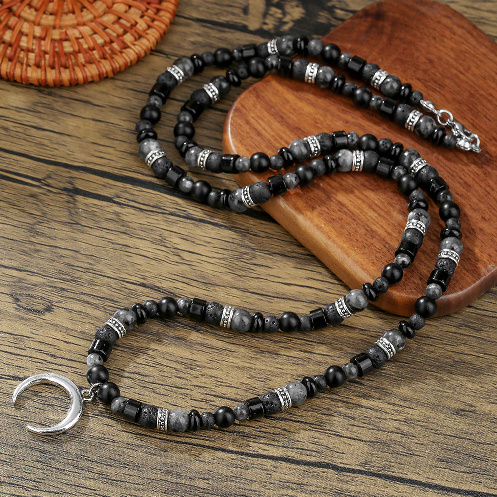Vintage Geometric Moon Pendant Alloy and Agate Beaded Necklace for Unisex