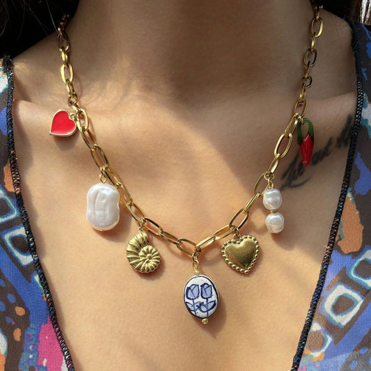 Plated Stainless Steel Heart Geometric Floral Pendant Corn Chain Necklace for Unisex DIY Charm Bar
