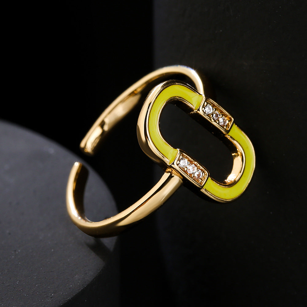 Minimalist Geometric Copper Ring with 18K Gold Plating and Enamel Zirconia Accents for Women