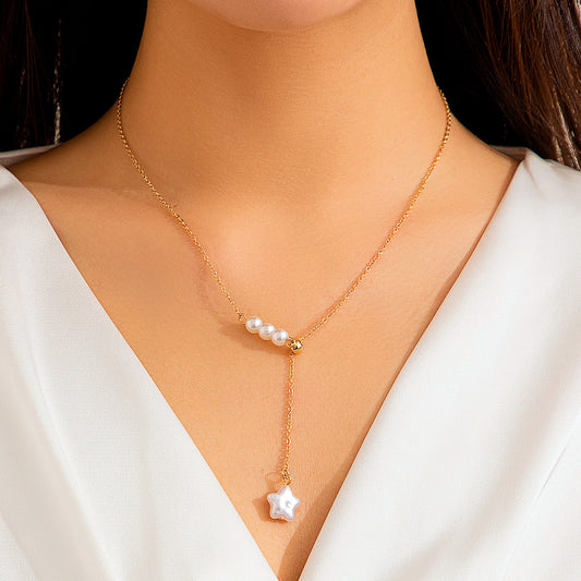 Collana Pendente Minimalista a Forma di Stella con Perla Imitazione e Catena a O Placcata per Donna