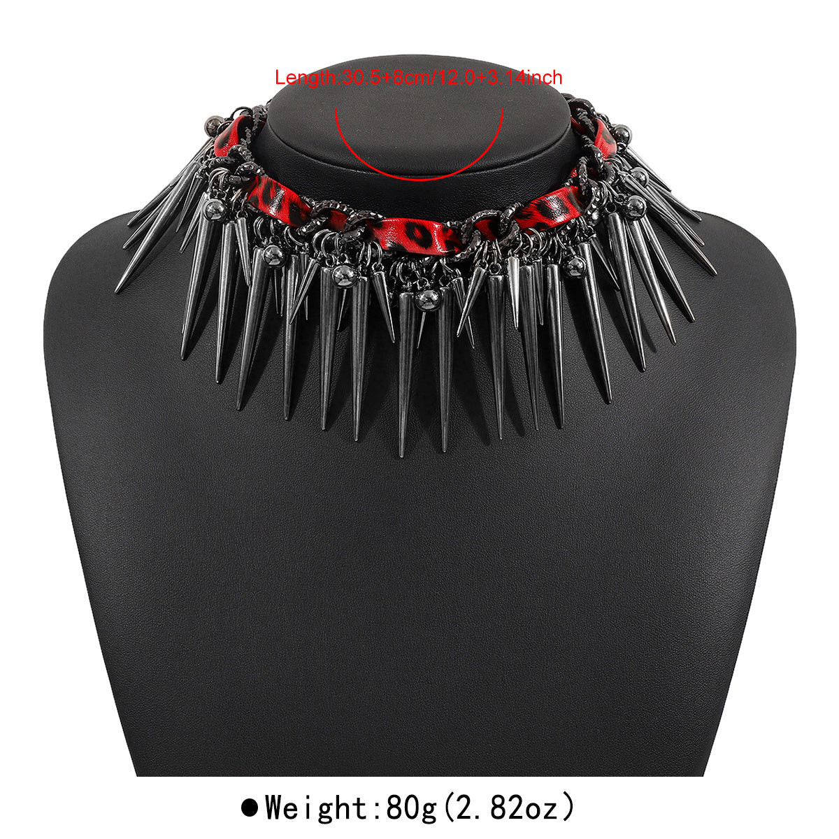 Punk Dark Hip-Hop Edgy Rivet-Embellished Leopard-Print Leather Choker Necklace with Geometric Alloy Pendant and Electroplated Finish