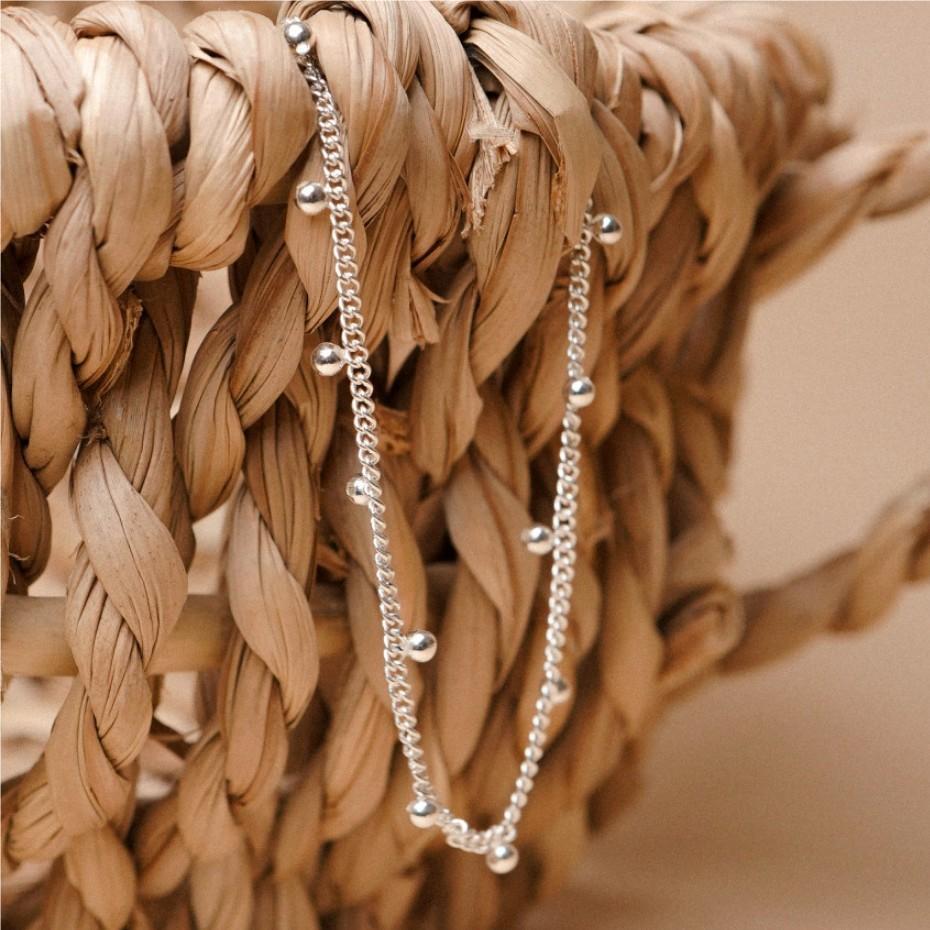 Tobillera Minimalista con Forma de Estrella de Plata Esterlina S925 con Cuentas Pulidas y Acabado Galvanizado