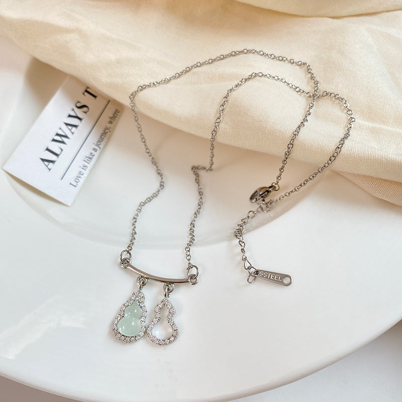 Vintage Chinese Style Titanium Steel Gourd Pendant Necklace with Green Jade Inlay Cable Chain for Unisex