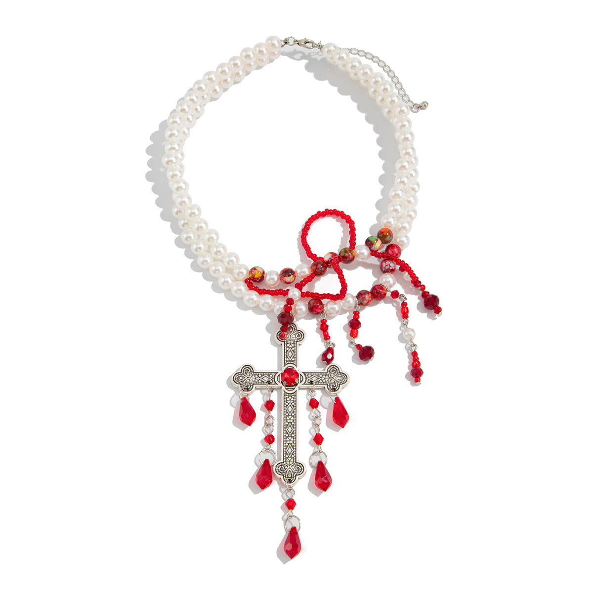 Collana girocollo gotica vintage scura da donna con ciondolo a croce e charm in lega a goccia, catena di perle finte elettroplaccate
