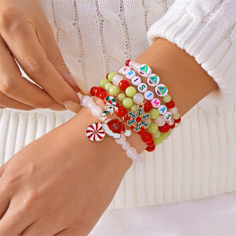 Set di bracciali in lega a tema natalizio, dolce e grintoso, con renna, fiocco di neve, albero e perle di vetro in cristallo