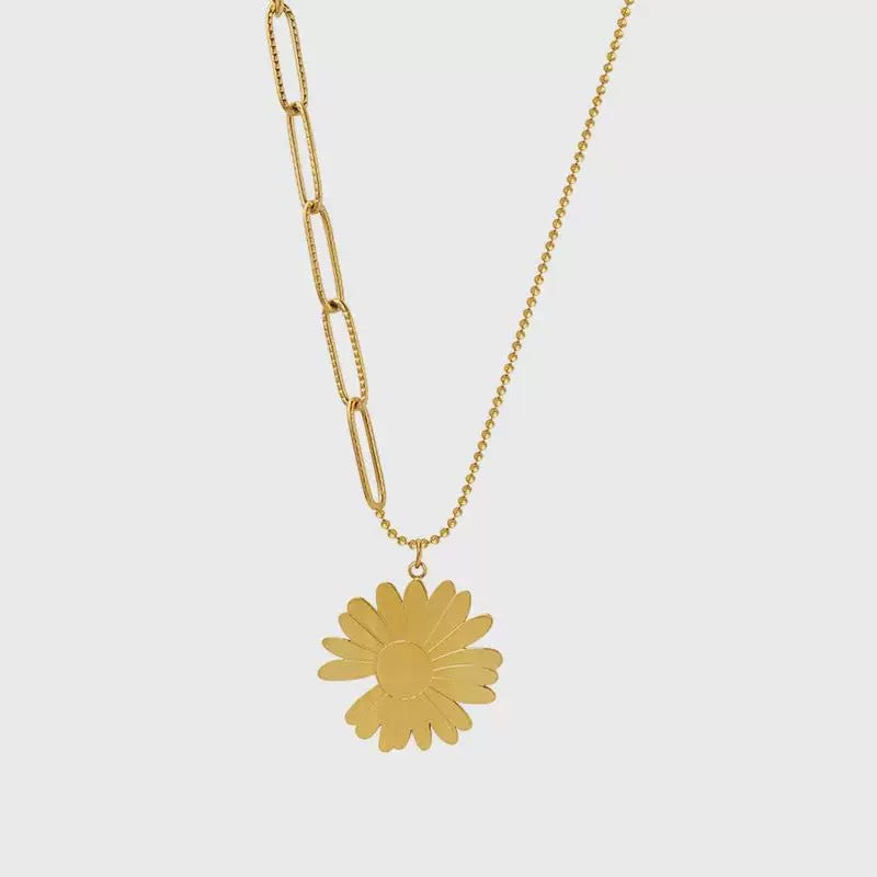 Fashion Minimalist Titanium Steel Plated Floral Daisy Sunflower Long Sweater Chain Necklace for Unisex
