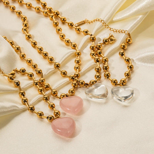 Trendy Geometric Heart Transparent Glass Bead Necklace 18K Gold Plated Stainless Steel Multi-layer Round Chain for Women