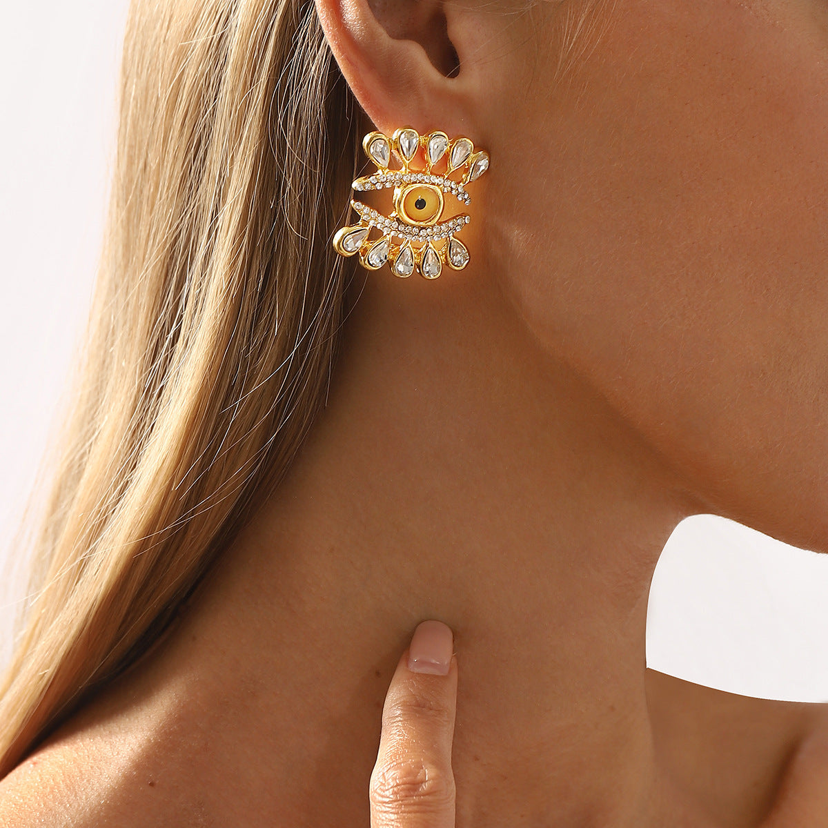 Retro Abstract Eye-Shaped Dripping Water Drop Alloy Earrings with Rhinestone Inlay for Women