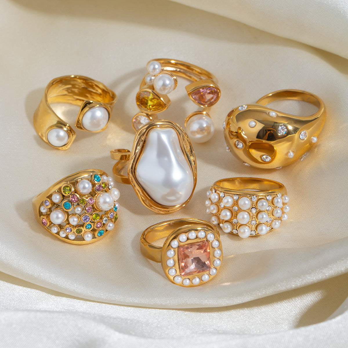 Geometric Round Pearl Inlay Plated Stainless Steel Ring for Women