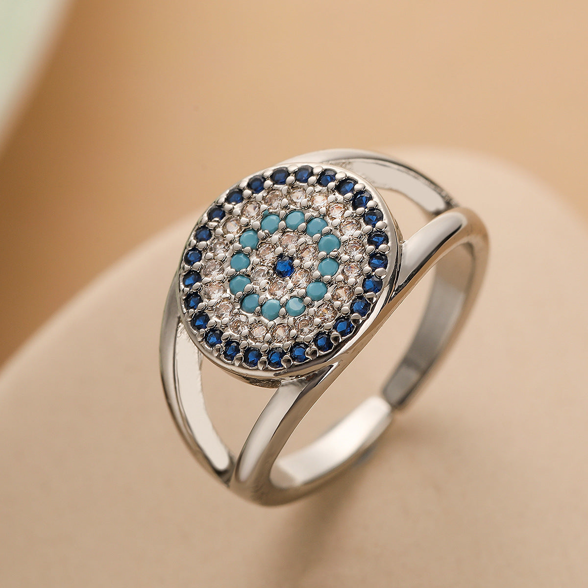Minimalist Geometric Open Ring for Women with Zircon Inlay and Evil Eye Design in Copper