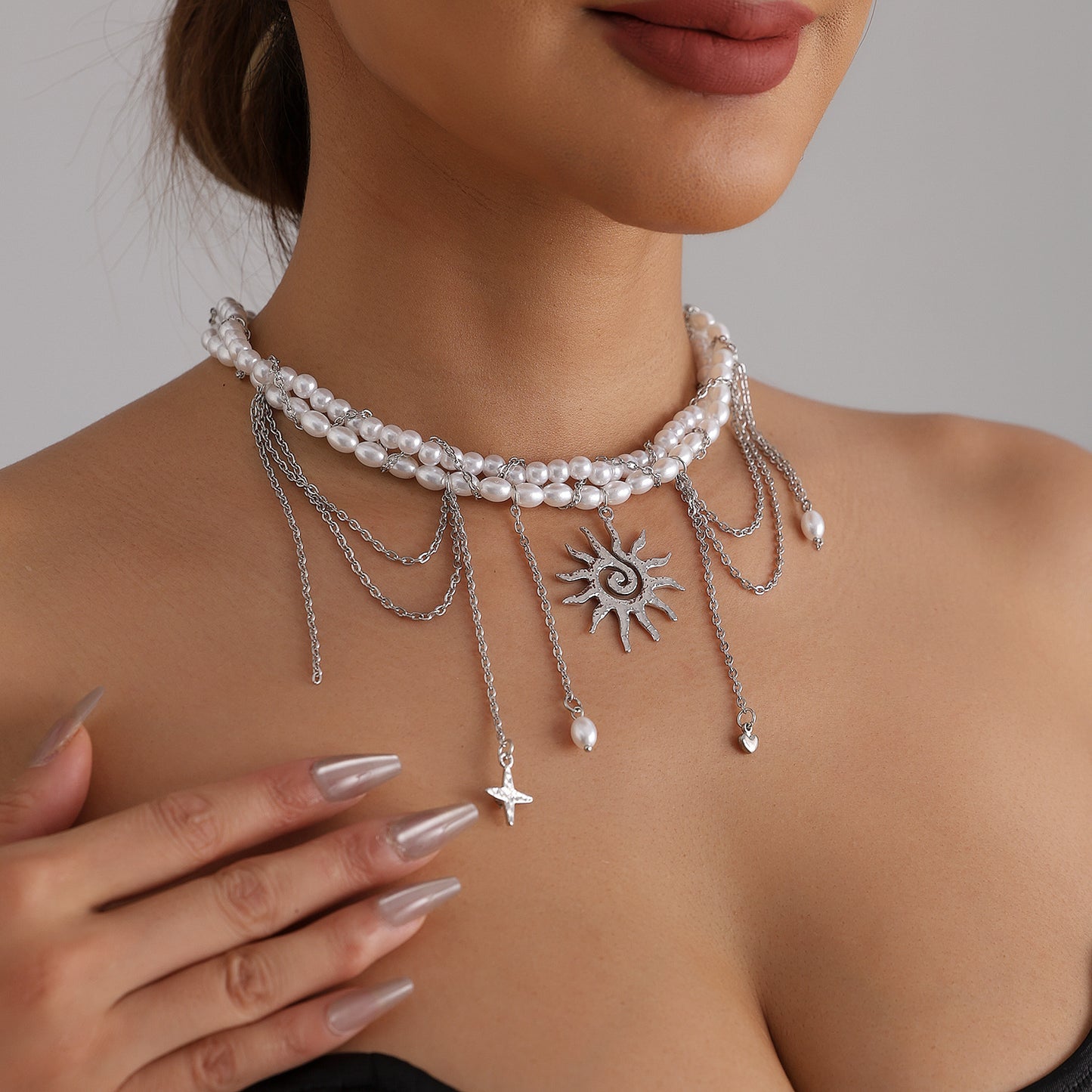 Elegant Geometric Sunflower Star Heart Tassel Pendant Necklace Alloy Plated Multi-Layer Cable Chain for Women