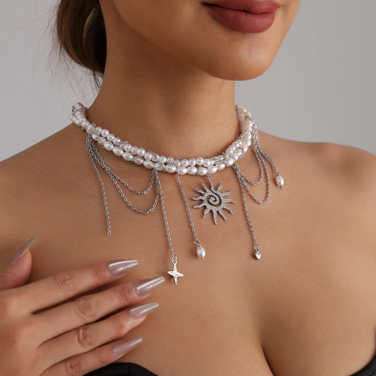 Elegant Geometric Sunflower Star Heart Tassel Pendant Necklace Alloy Plated Multi-Layer Cable Chain for Women