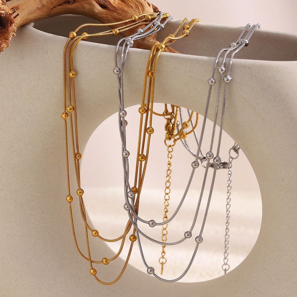 Minimalist Luxury 18K Gold Plated Geometric Stainless Steel Multi-Layer Snake Chain Beaded Necklace for Women