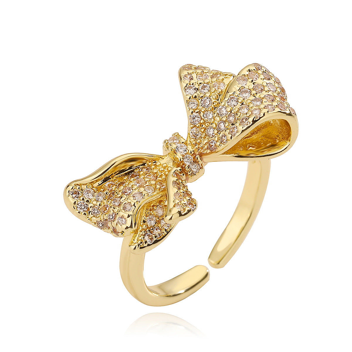Sweet 18K Gold Plated Brass Geometric Bow Knot Ring with Cubic Zirconia for Women