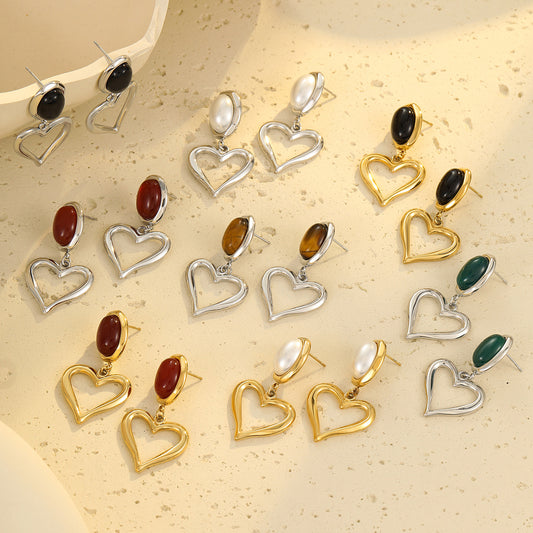Vintage French Style Heart-Shaped Stainless Steel Earrings with 18K Gold Plating and Natural Stone Inlay
