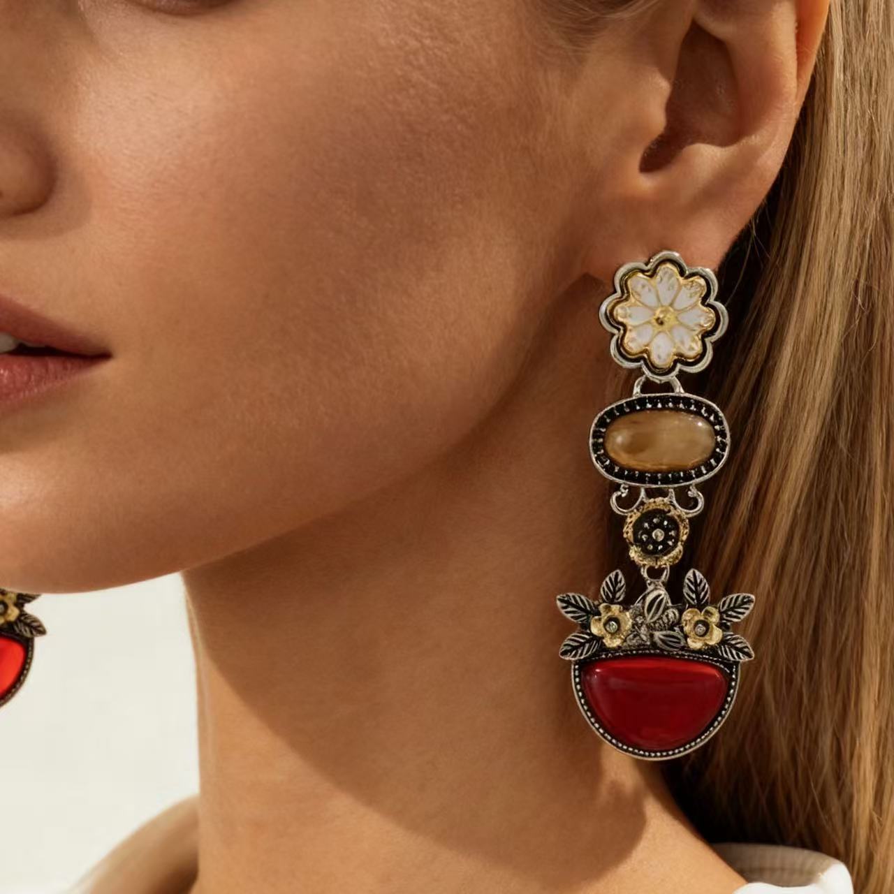 Vintage Bohemian Ethnic Floral Alloy Tassel Earrings