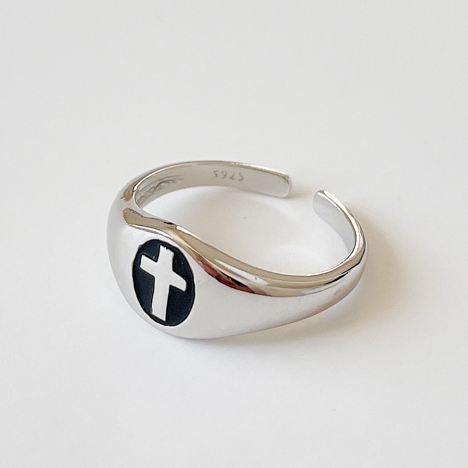 Vintage Minimalist 925 Sterling Silver Polished Drip Oil Cross Open Ring for Women