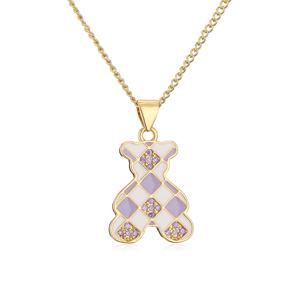 Graziosa collana con ciondolo a forma di orsetto da donna in rame con placcatura in oro 18K, finitura smaltata e dettagli in zirconia cubica