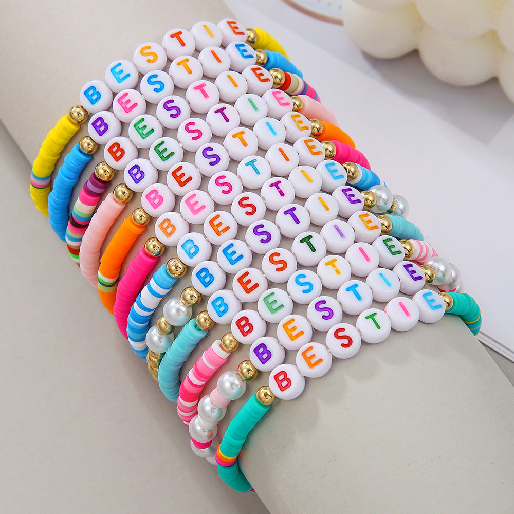 Bohemian Colorful Resin Letter Beaded Bracelet with Brass Accents