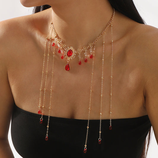 Vintage Chinese Style Water-Drop Shaped Rhinestone Pendant Necklace with Wavy Chain for Women