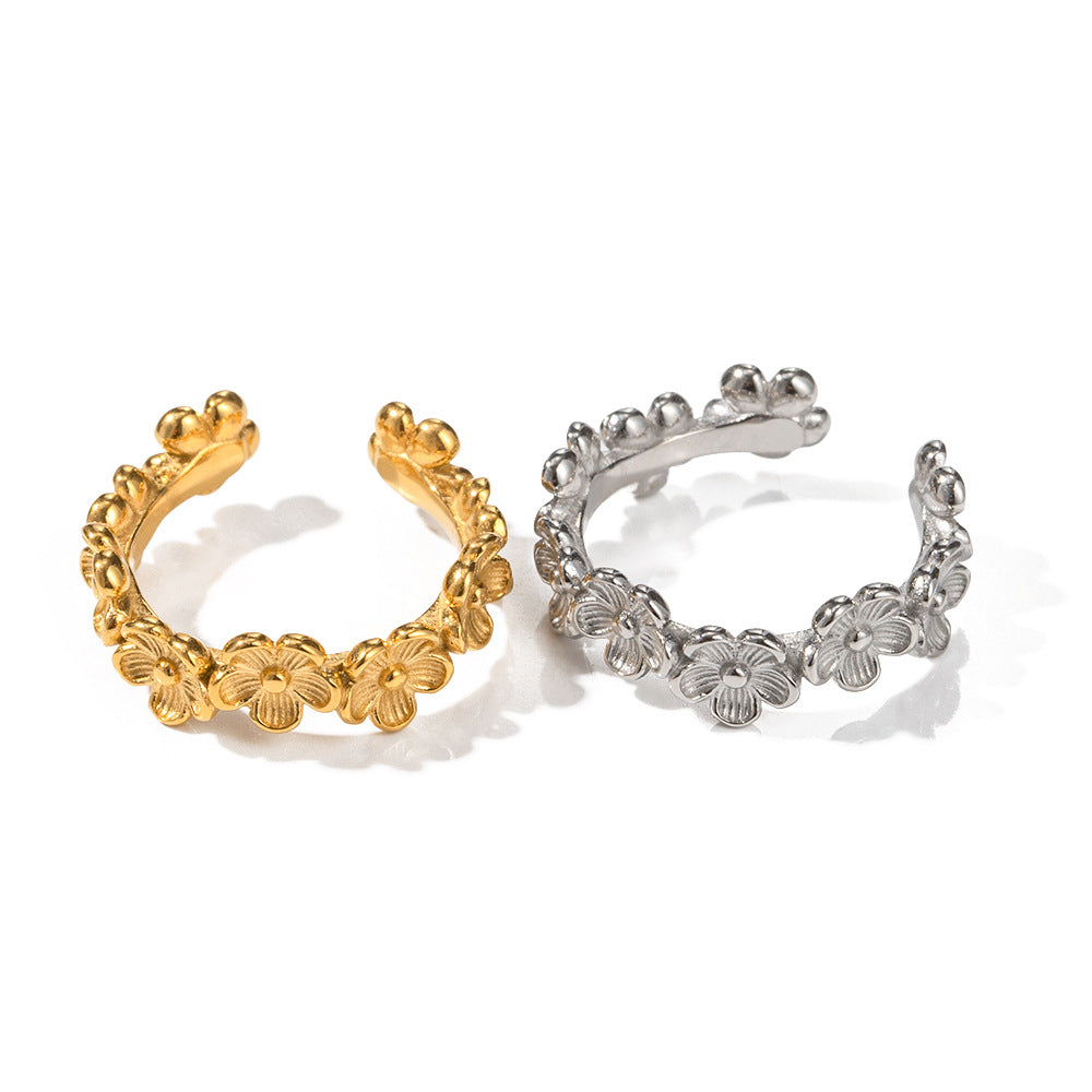 Anello a C a fiore da donna in acciaio inossidabile placcato oro 18K di tendenza