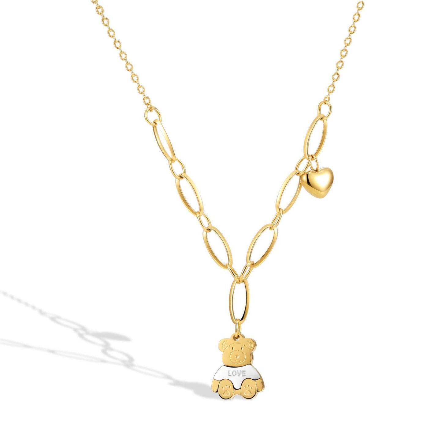 Cute Bear Pendant Necklace in Titanium Steel with Plated Finish for Women, O-Chain Minimalist Geometric Locket Necklace, Sweet and Fresh Style Everyday Jewelry