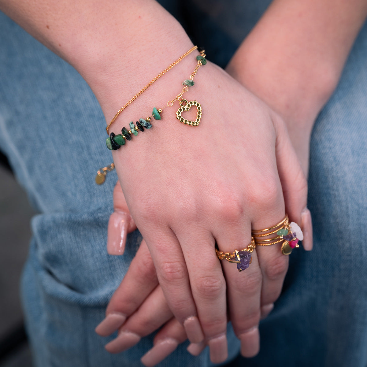 Minimalist Heart-Shaped Stainless Steel Bracelet with 18K Gold Plating and Natural Stone Beads