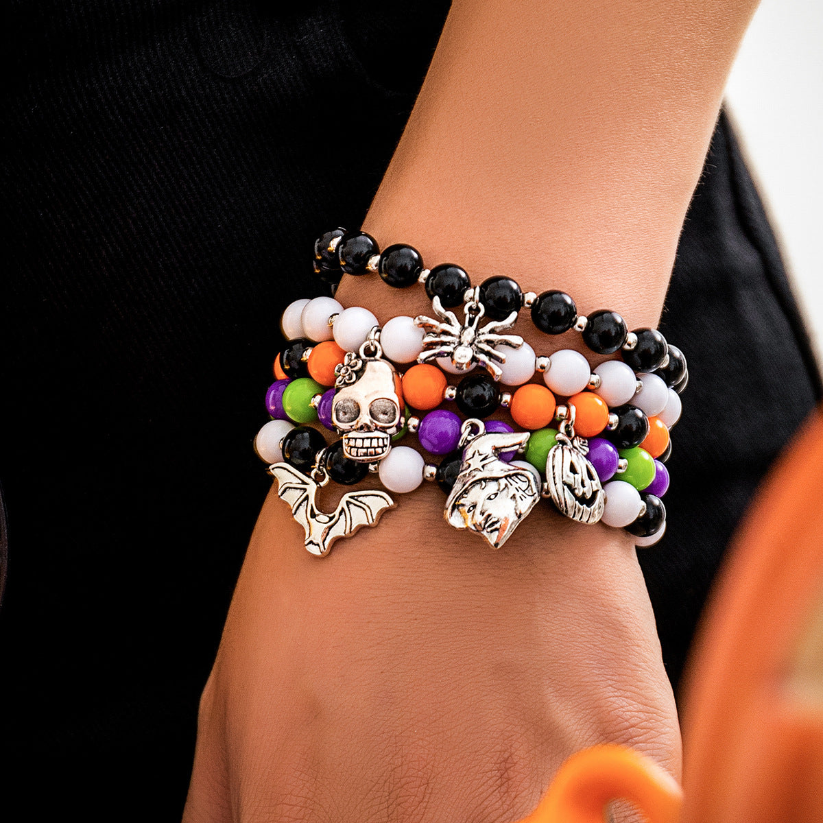 Dark Gothic Skull and Pumpkin Bracelet Set with Alloy Beads, Spider and Insect Motifs, Electroplated Finish for Women
