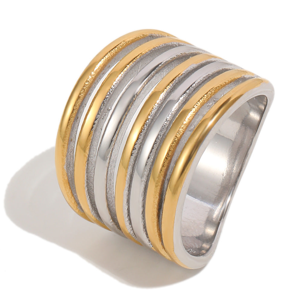 Fashion Minimalist Two-Tone Geometric Stainless Steel Gold Plated Ring for Women