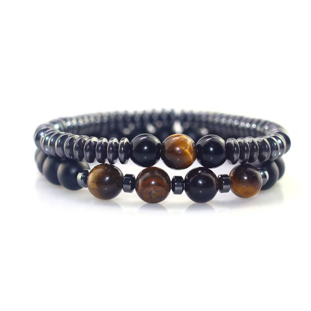 Minimalist Men's Black Stone Beaded Bracelet Handmade Natural Stone Strand