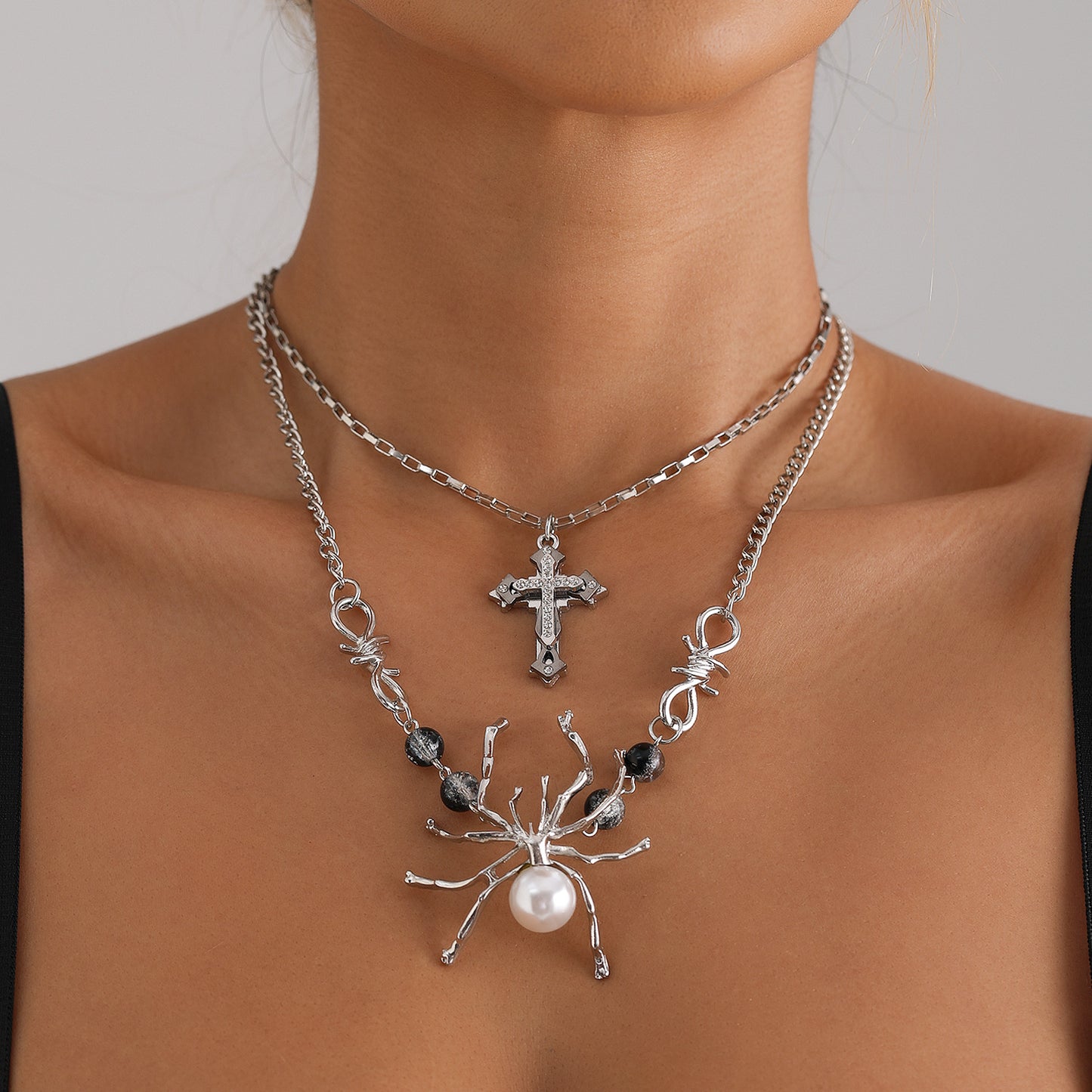 Dark Gothic Spider Cross Pendant Necklace for Women Alloy Plated Clavicle Chain with Detachable Double-Layer Design