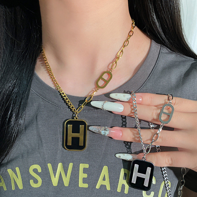 Gold Plated Titanium Steel Rectangle Letter H Necklace