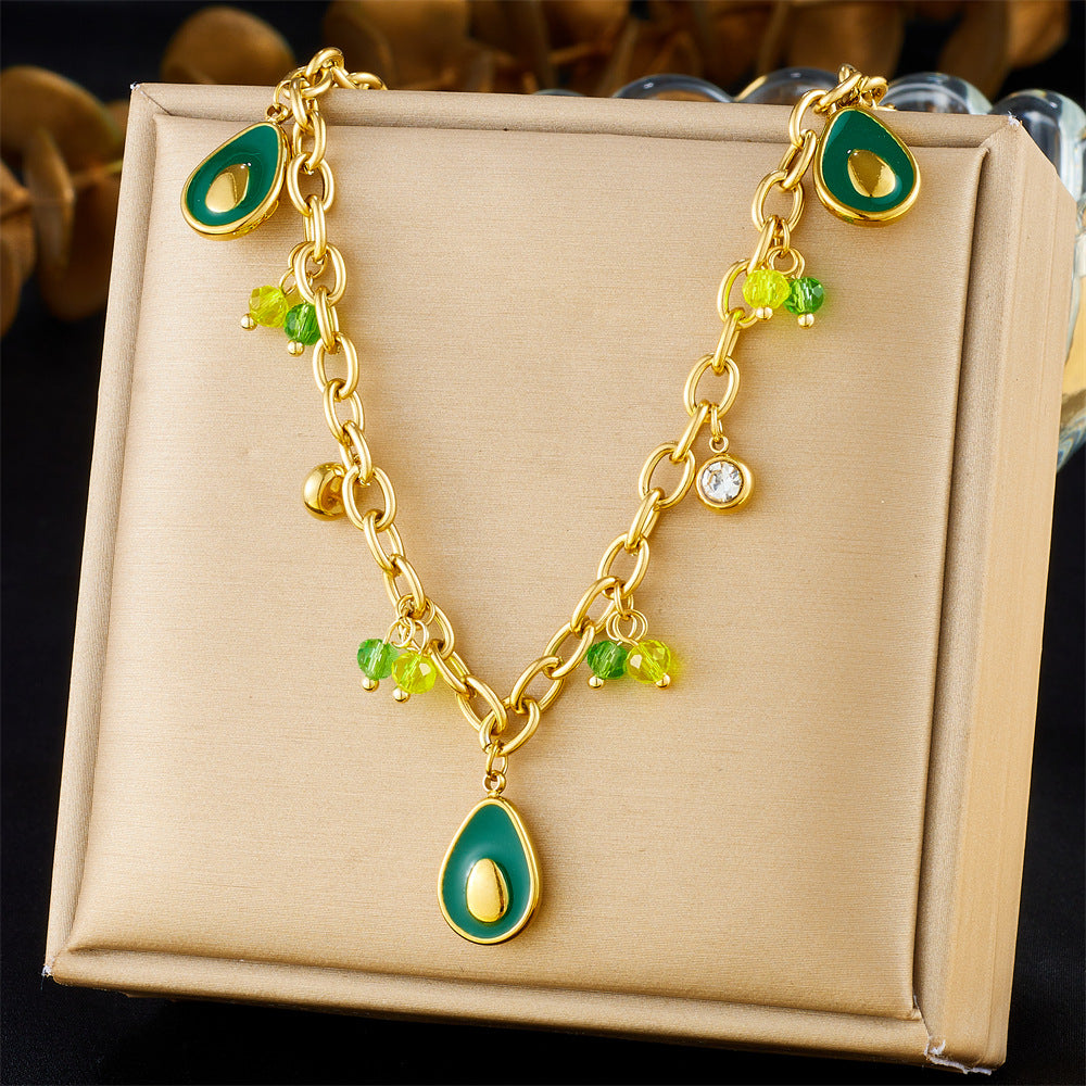 Fashionable Avocado-Shaped Enamel Pendant Necklace in Stainless Steel with Gold Plating on O-Chain for Women
