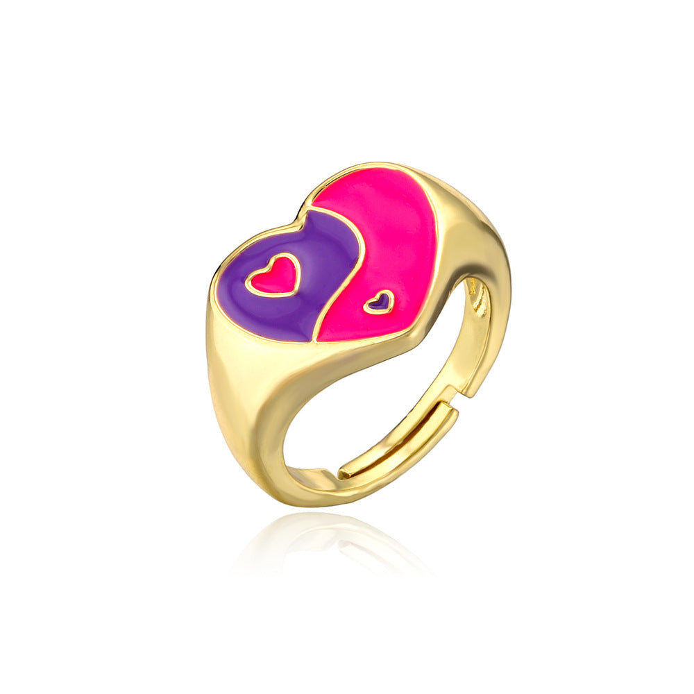 Geometric Heart Drip Oil Gold Plated Brass Ring for Women