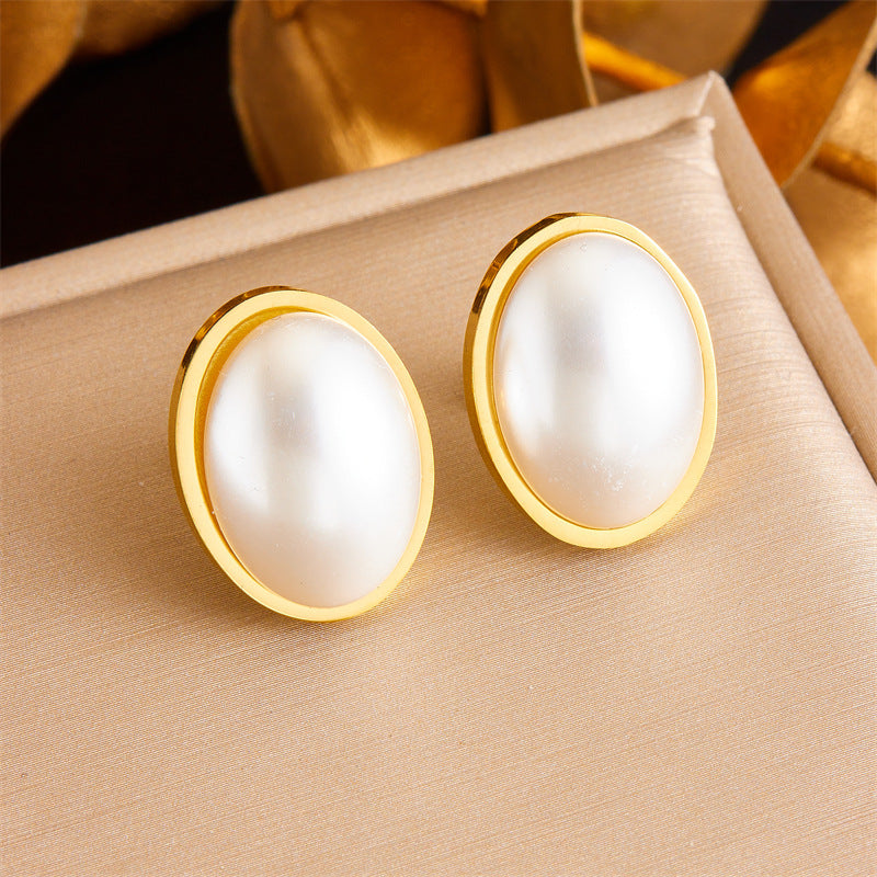 Pendientes de acero inoxidable bañados, con perlas ovaladas, de estilo geométrico, minimalistas e inspirados en lo vintage para mujer