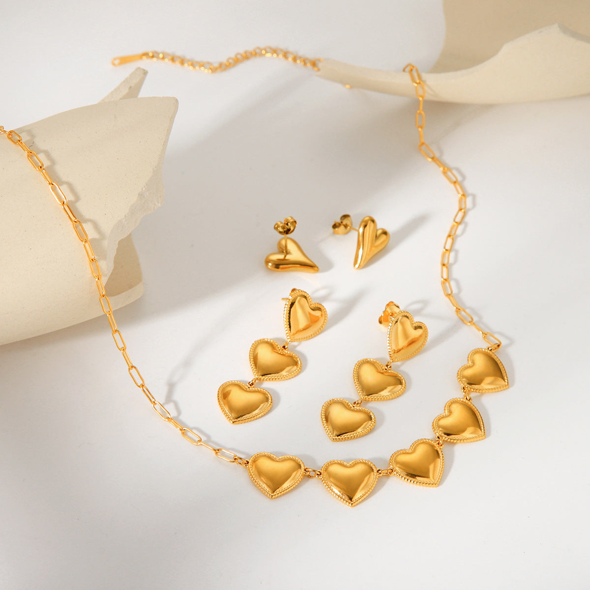 Minimalist Heart-Shaped Titanium Steel Necklace and Earrings Set for Women with Electroplated Finish and Cross Chain